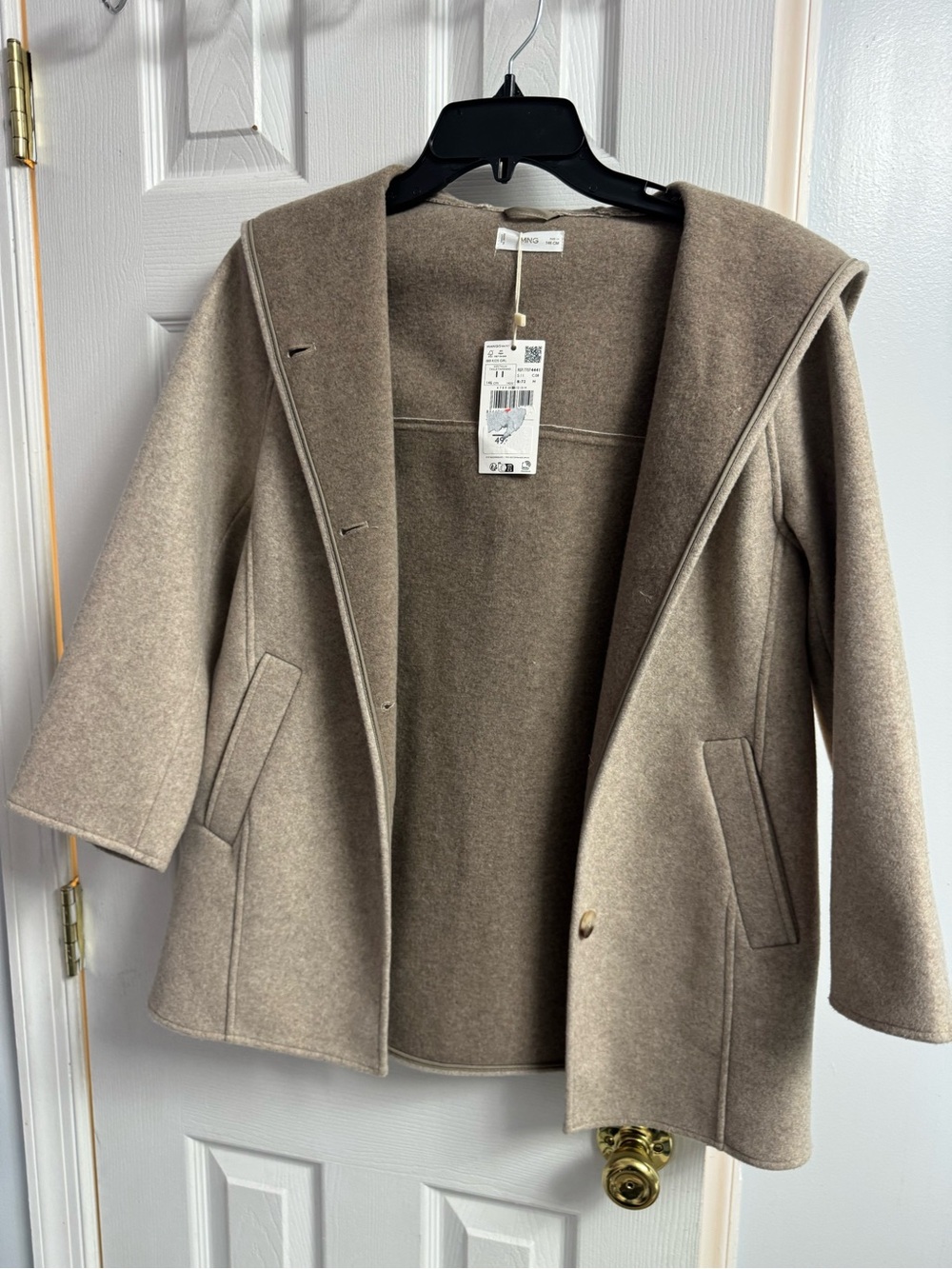 MANGO Taupe Hooded Wool-Blend Pea Coat - NWT